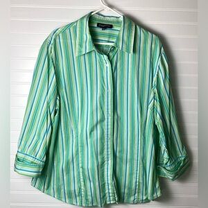 Jones New York Signature Woman Green Striped Sleeved Blouse Womens Size 3X